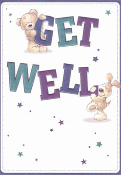 Warmth and playfulness dance across this Hendon-inspired get well card, its design echoing the joyful energy you might encounter in Hendon's leafy Jubilee Park. At the centre, a cuddly bear perches atop the bold 'GET,' exuding a nurturing presence, while a sprightly puppy affectionately nuzzles the 'WELL' beneath him. Both characters are rendered with gentle curves and expressive faces, conveying genuine care and hope. The deep teals and violets of the text add a lively accent, mirroring the vibrancy found in a fresh bouquet handcrafted by a local florist on Brent Street. Scattered stars offer a subtle sense of magic, suggesting hope's quiet persistence on the road to recovery. The clean white background brings clarity and simplicity, just as a bright arrangement at the bedside can uplift one's outlook. This image, rich in friendly detail, is a visual embrace-every element coming together to brighten a challenging moment for someone cherished in the Hendon community.