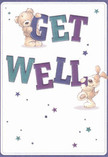 This cheerful get well card radiates the kind of comfort and optimism often found in the windows of Hendon's friendliest homes. The illustration springs to life: a lovable teddy and an exuberant puppy joyfully holding the large, jewel-toned 'Get Well' letters, each balancing encouragement and delight. The text hues-indigo mingled with teal-call to mind the vibrant arrangements offered by florists near Sunny Hill Park, standing boldly against a soft cream background that feels pure and soothing. Playful stars dance across the card, their blues and purples casting a gentle, hopeful glow. The hand-drawn fur and floppy ears are so invitingly soft, they conjure the memory of squeezing a plush bouquet or a comforting embrace from a loved one. This card, with its blend of innocence and heartfelt intention, delivers not only a thoughtful message but also a spirit of care and recovery that echoes throughout the Hendon community.